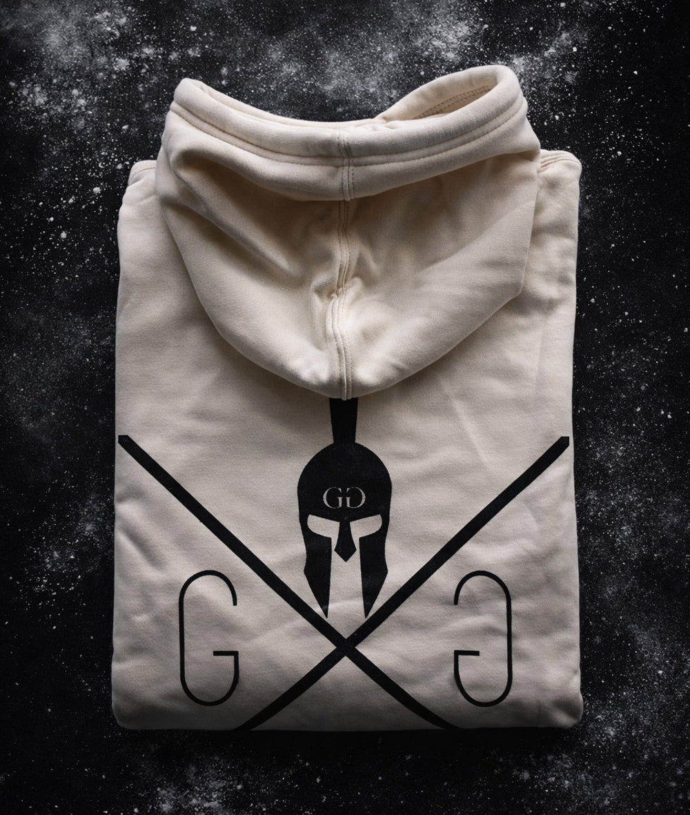 Gefalteter Off-White Hoodie mit Rückenprint im Flatlay