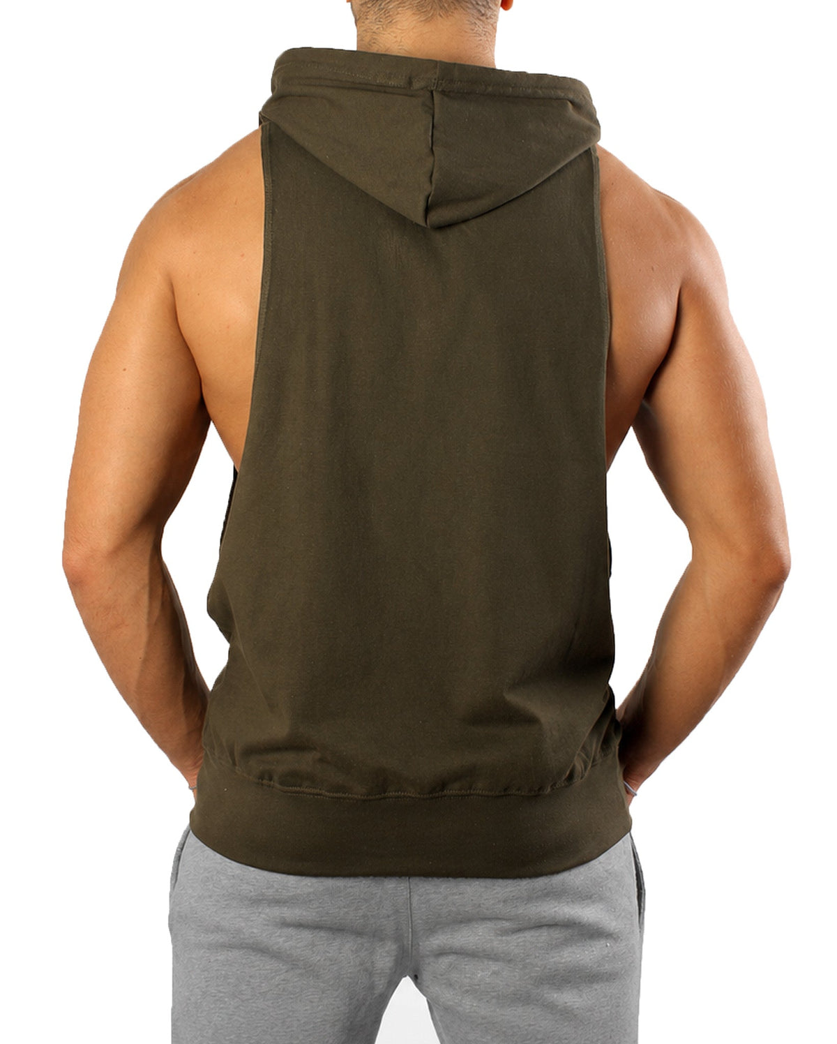 Rückansicht des oliven Tank Tops mit Kapuze und geripptem Bund