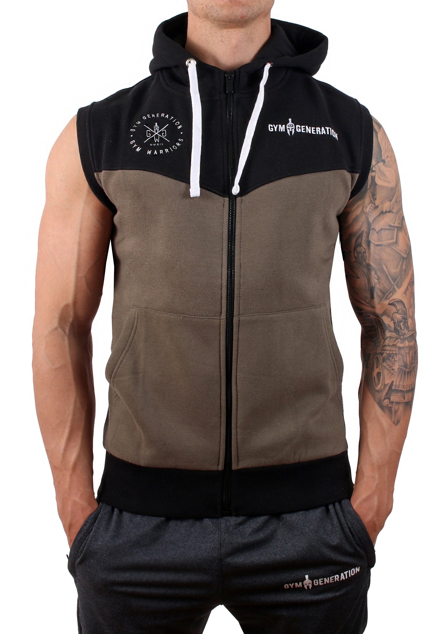 Ärmelloser Gym Hoodie - Schwarz / Olive