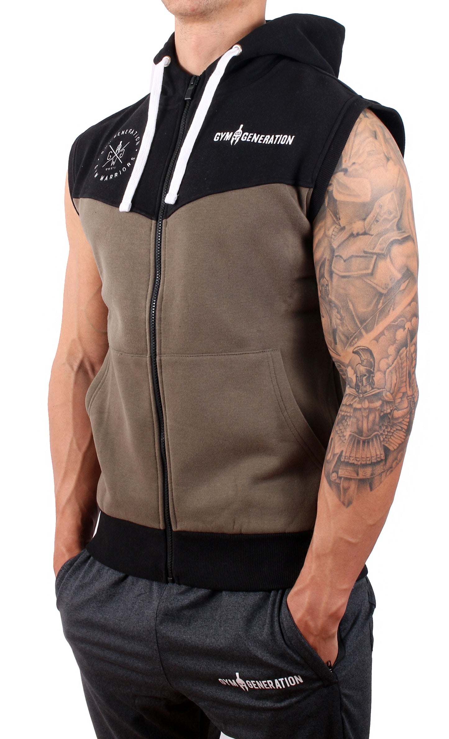 Ärmelloser Gym Hoodie - Schwarz / Olive