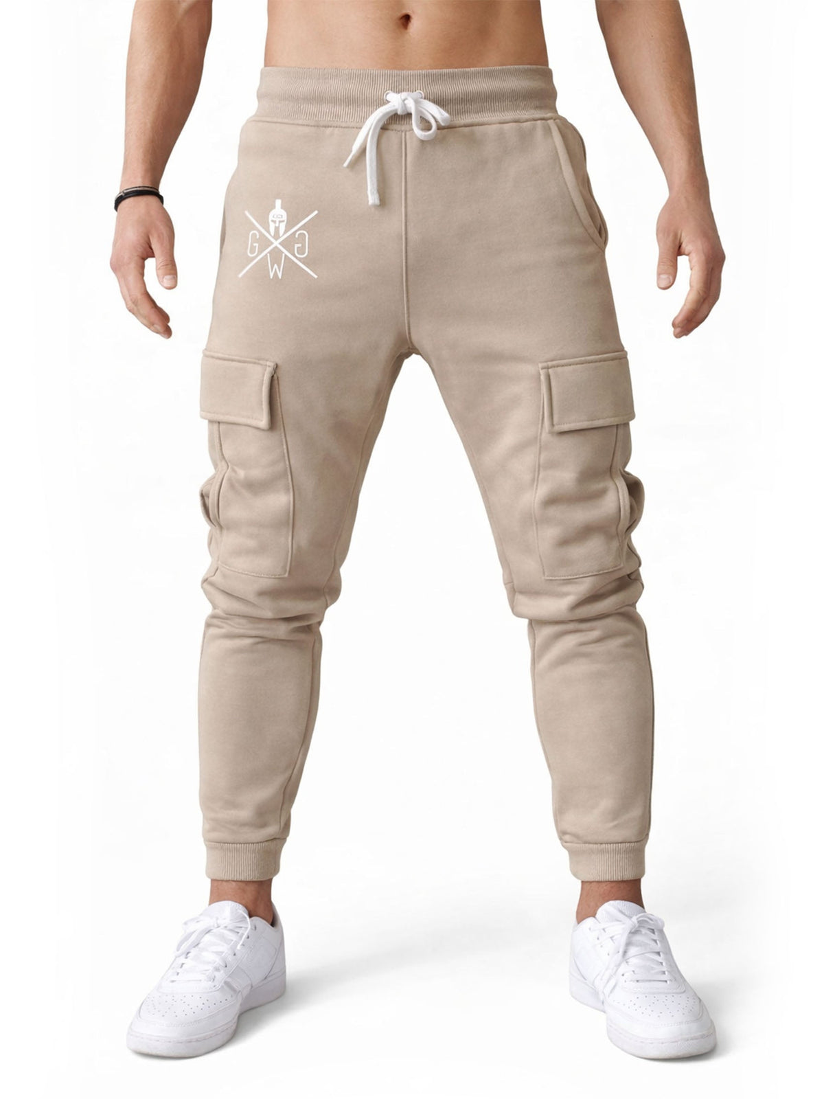 Beige Cargo Jogginghose Maverick mit weißer Kordel und Spartaner-Logo
