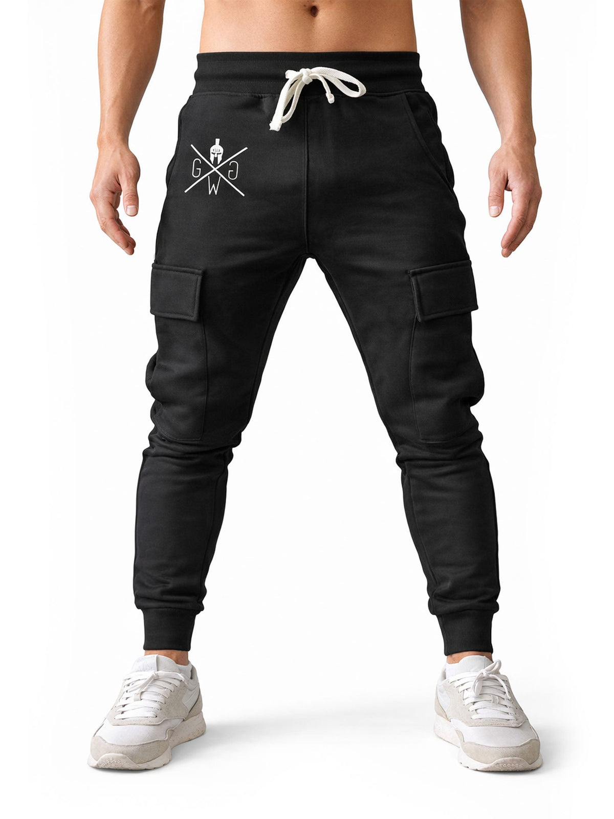 Schwarze Cargo-Jogginghose Maverick mit weißer Kordel und Spartaner-Logo