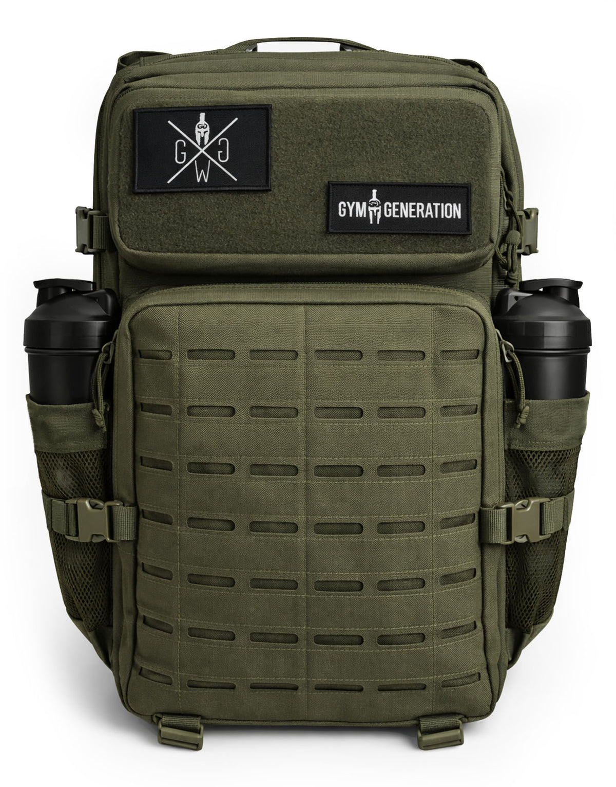 Olivgrüner Explorer Rucksack frontal, Laser-Cut-Front mit zwei Patches auf der Klettfläche
