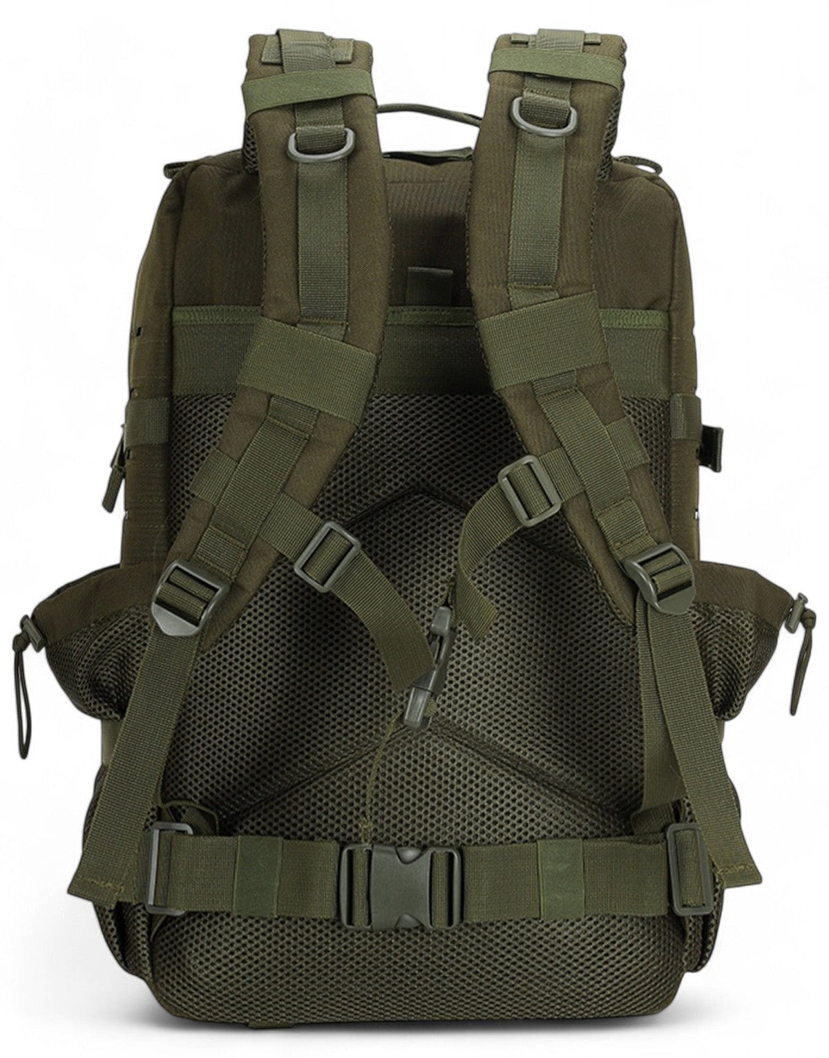 Rückseite des olivgrünen Rucksacks mit gepolsterten Gurten, Mesh-Rücken und Hüftgurt