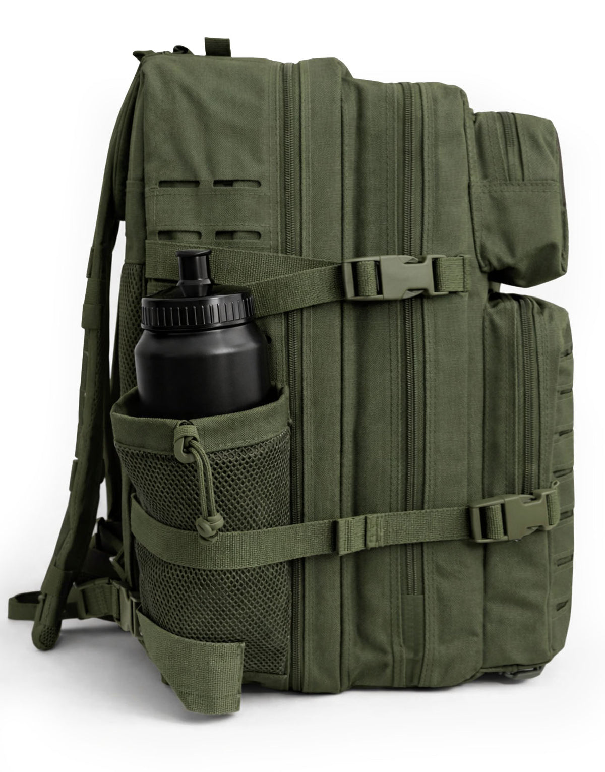 Seitlich fotografiert: Netztasche mit Flasche und Kompressionsriemen am oliven Explorer