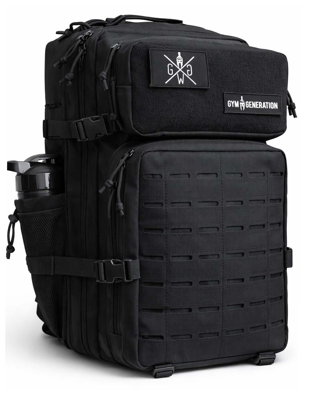 Rucksack schräg von vorne, Flasche in der seitlichen Netztasche und Kompressionsriemen