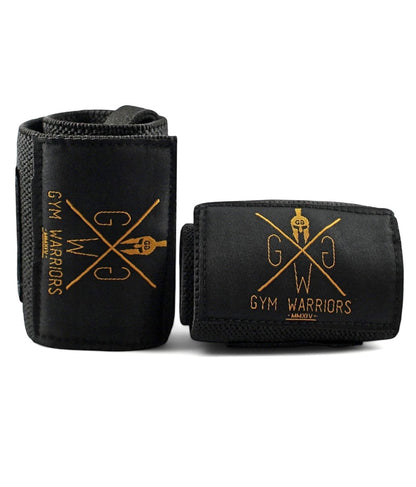 Handgelenkbandagen in Schwarz mit goldenem Gym Warriors Logo im Set