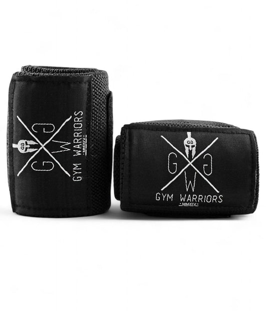 Schwarze Handgelenkbandagen mit weißem Gym Warriors Logo im Set