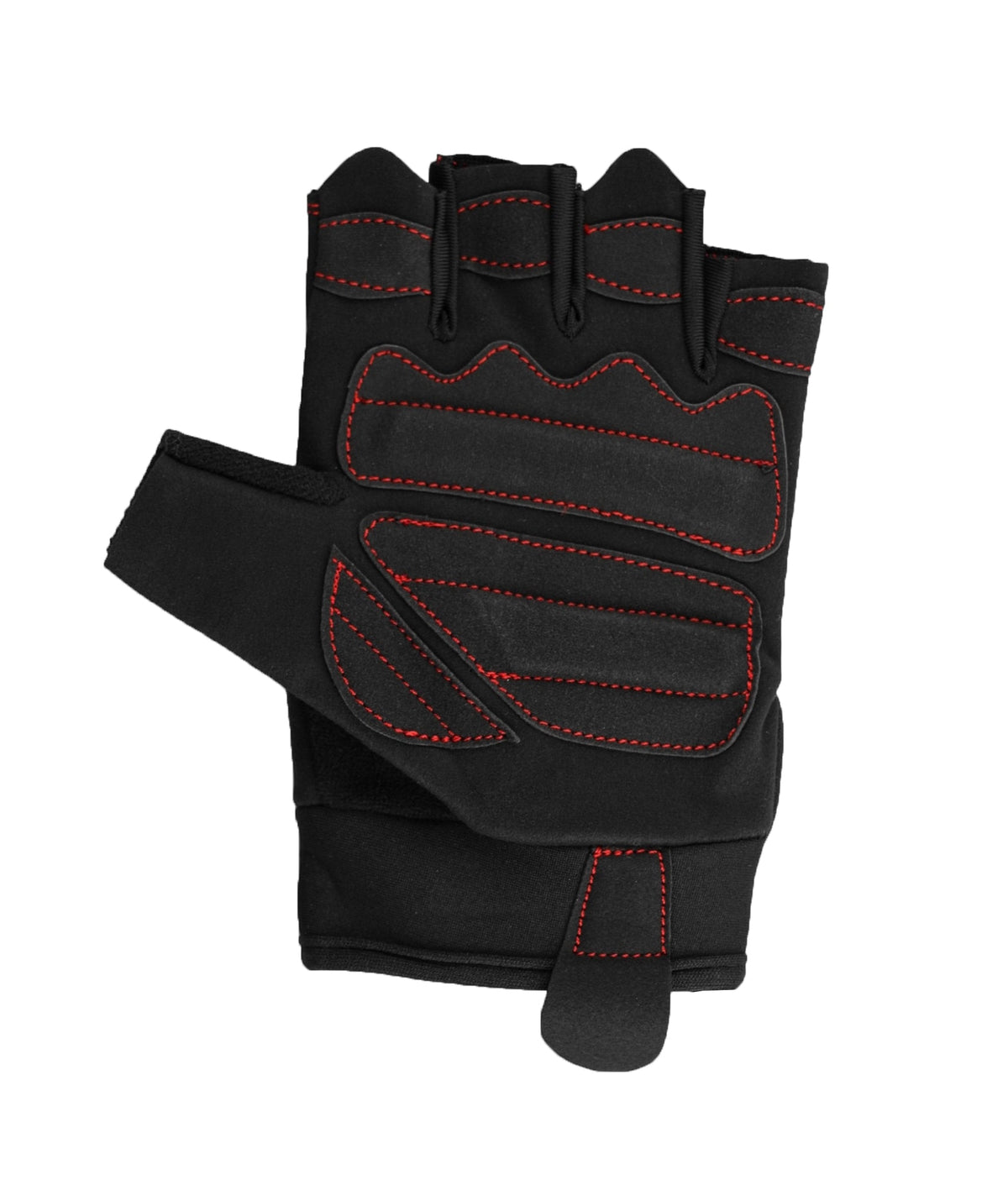 Schwarze Gym Handschuhe mit roten Nähten, Rückansicht