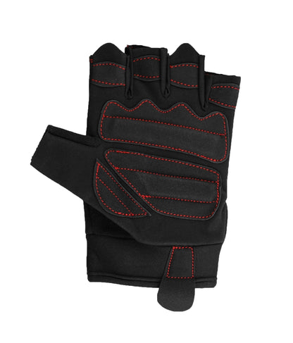 Schwarze Gym Handschuhe mit roten Nähten, Rückansicht