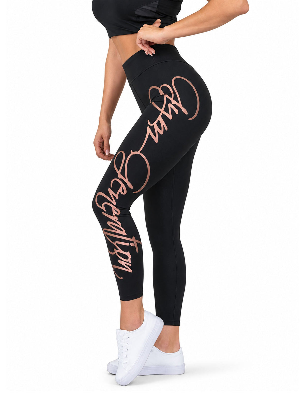 Schwarze Damen Leggings im Profil, Schreibschrift in Rosé-Gold längs am Bein
