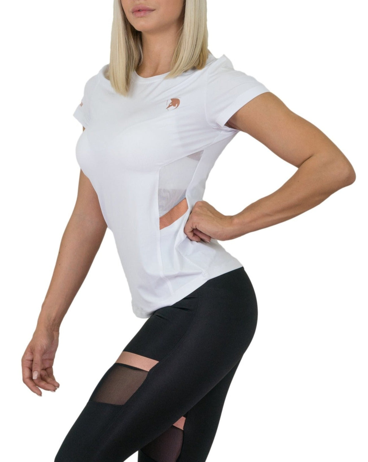 Eng geschnittenes weißes Damen Shirt im Profil, Netzstreifen an der Flanke