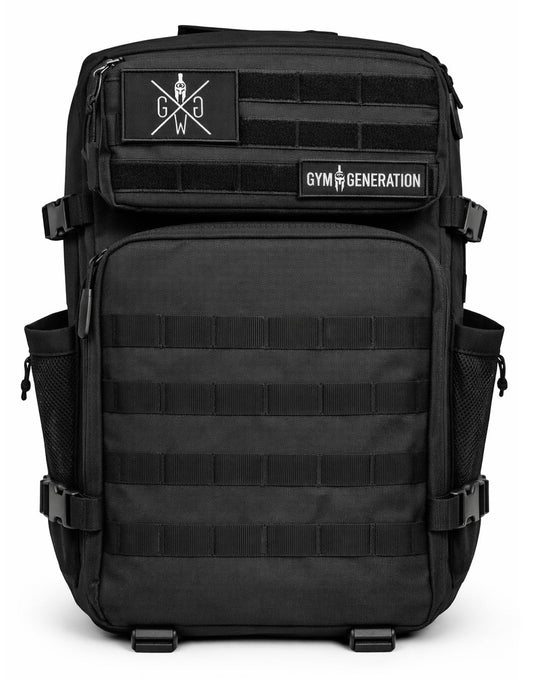 Schwarzer Gym-Rucksack von Gym Generation, Frontansicht mit Patch-Fläche und MOLLE-Gurtband