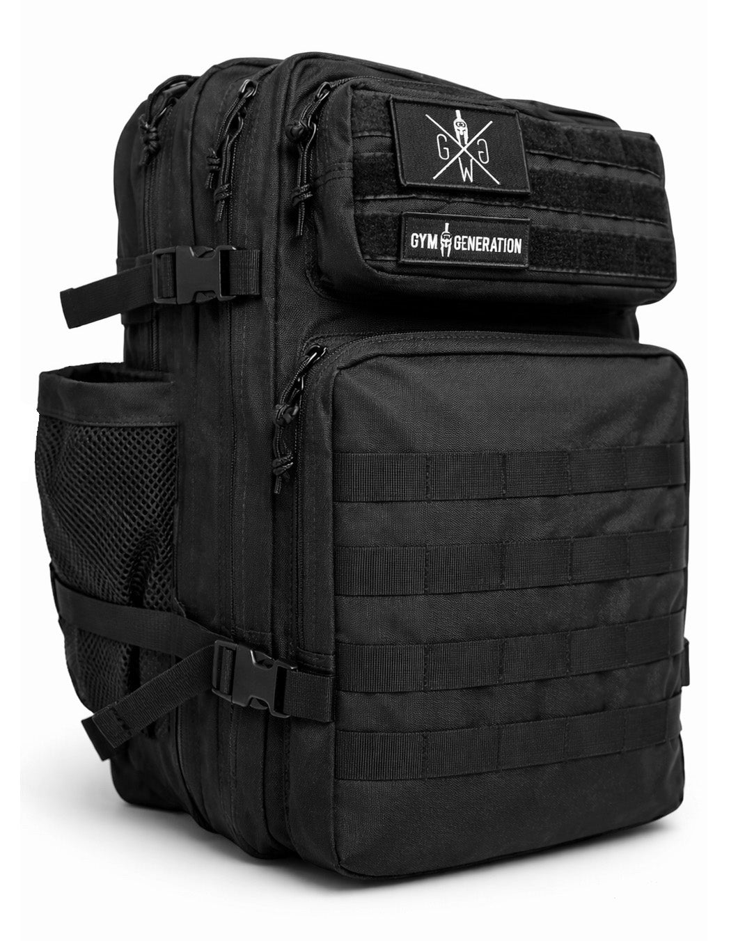 Fitness-Rucksack in Schwarz, Seitenansicht mit Kompressionsriemen und Seitentasche