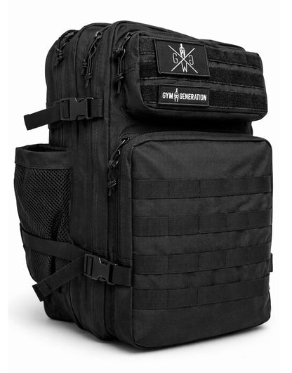 Fitness-Rucksack in Schwarz, Seitenansicht mit Kompressionsriemen und Seitentasche