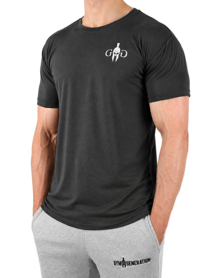 Dunkelgraues Gym Shirt in schräger Ansicht mit hochgekrempelten Ärmeln