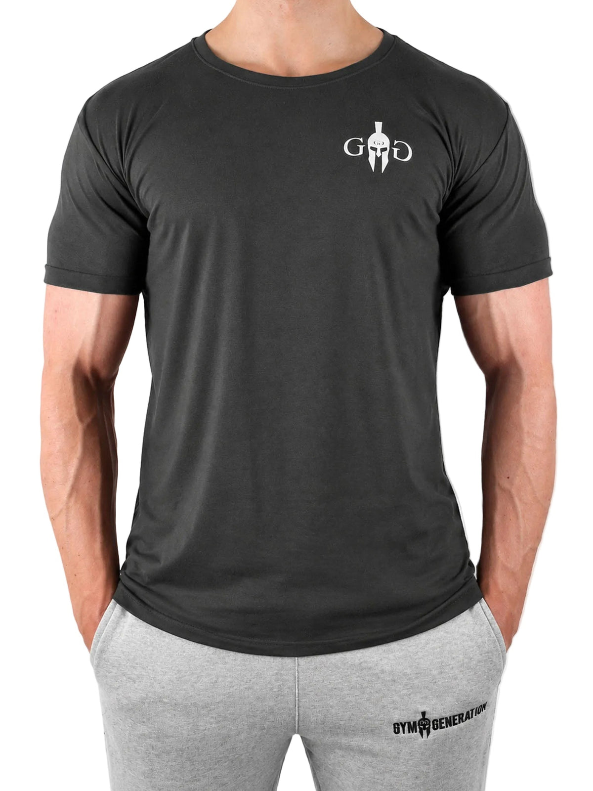 Dunkelgraues Fitness T-Shirt für Herren mit weißem Spartaner-Emblem, Frontansicht
