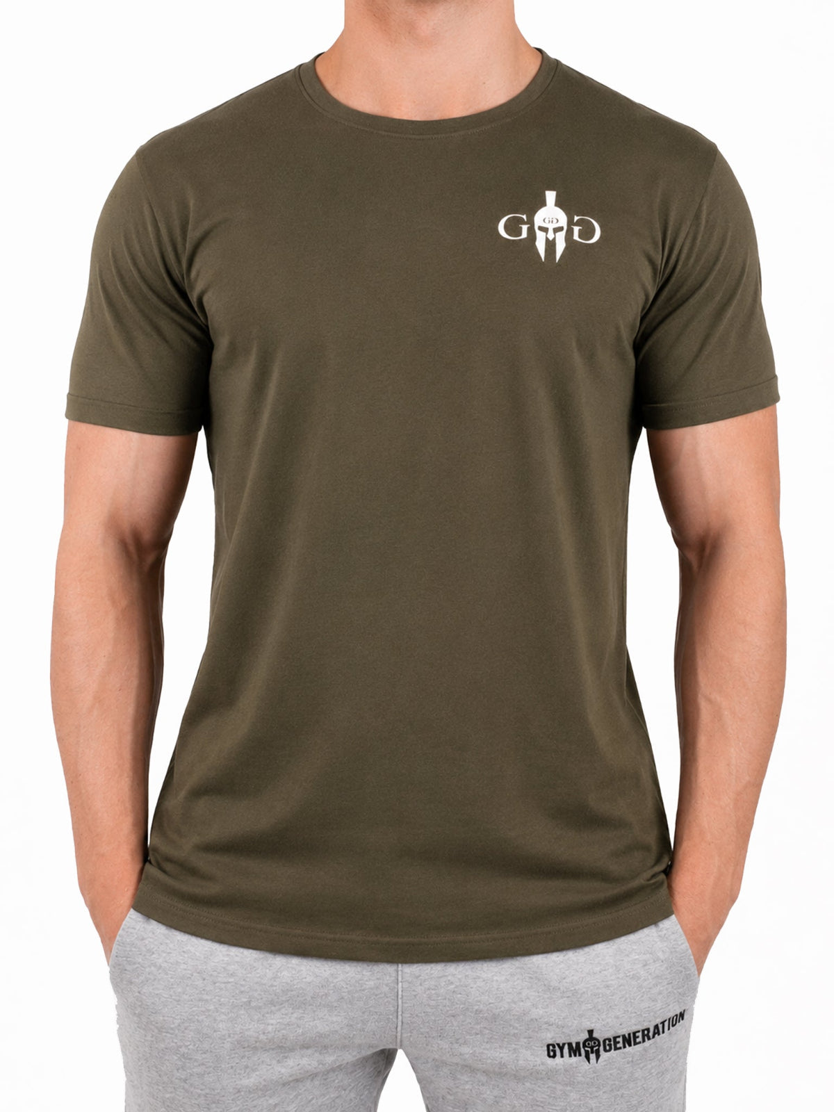 Olives Fitness T-Shirt für Herren mit weißem Spartaner-Emblem, Frontansicht