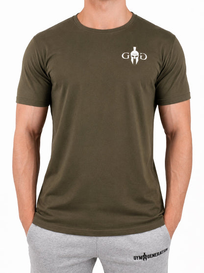 Olives Fitness T-Shirt für Herren mit weißem Spartaner-Emblem, Frontansicht