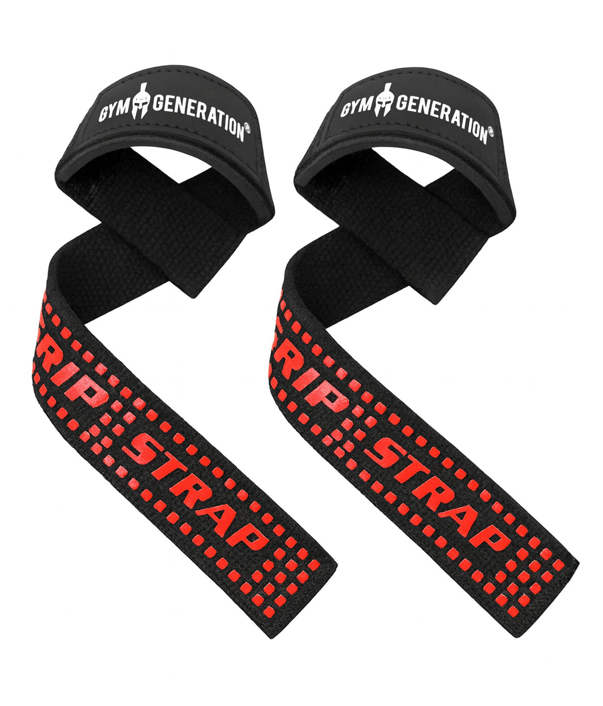 Schwarze Zughilfen fürs Gym mit rotem Grip-Strap-Schriftzug
