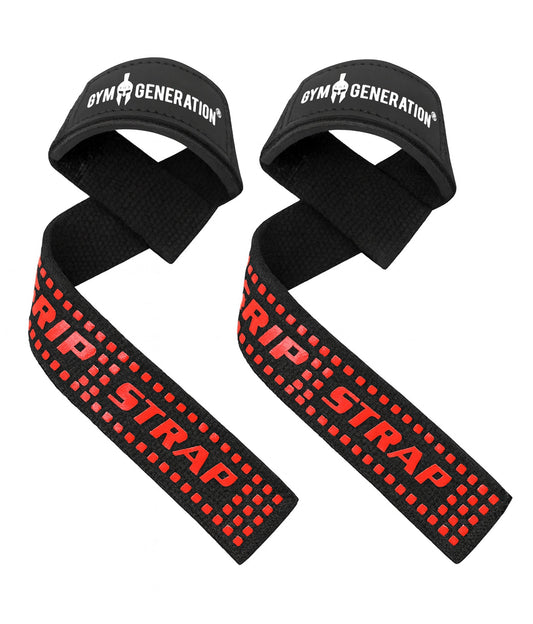 Schwarze Zughilfen fürs Gym mit rotem Grip-Strap-Schriftzug