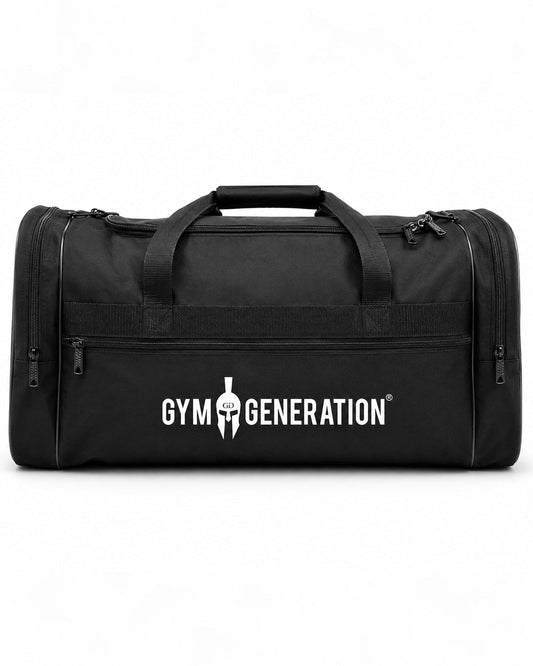 Große Sporttasche in Schwarz, Frontansicht mit weißem Gym Generation Schriftzug