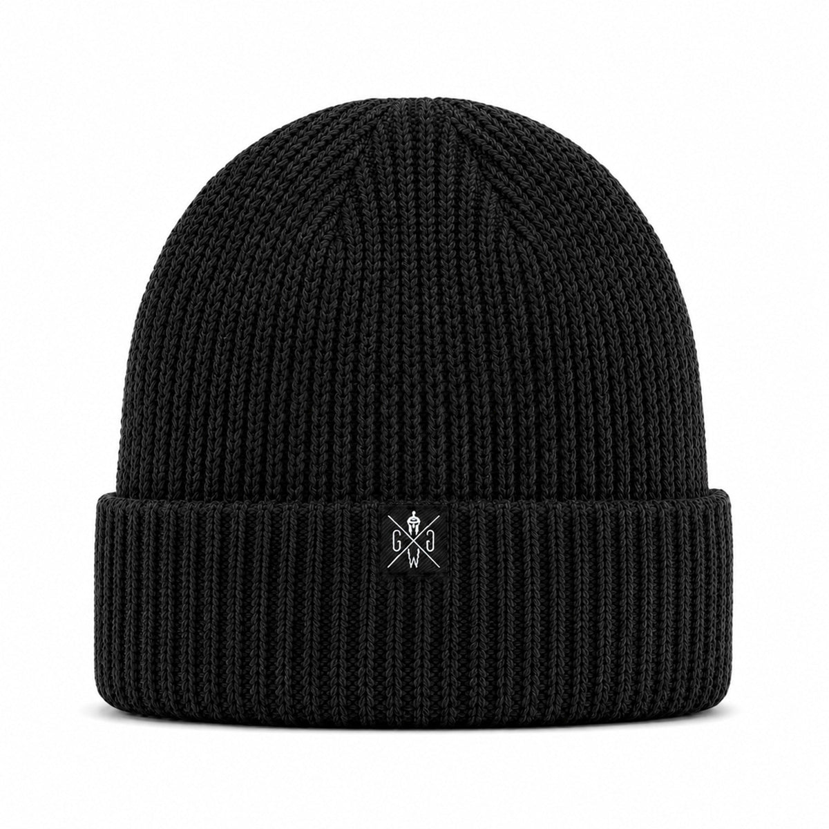 Schwarze Beanie Atlantic aus grobem Rippstrick mit weißem Logo-Label