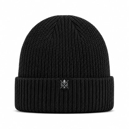 Schwarze Beanie Atlantic aus grobem Rippstrick mit weißem Logo-Label