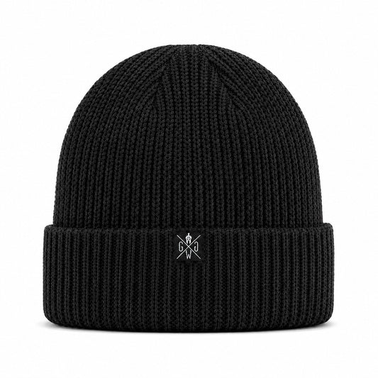 Schwarze Beanie Atlantic aus grobem Rippstrick mit weißem Logo-Label