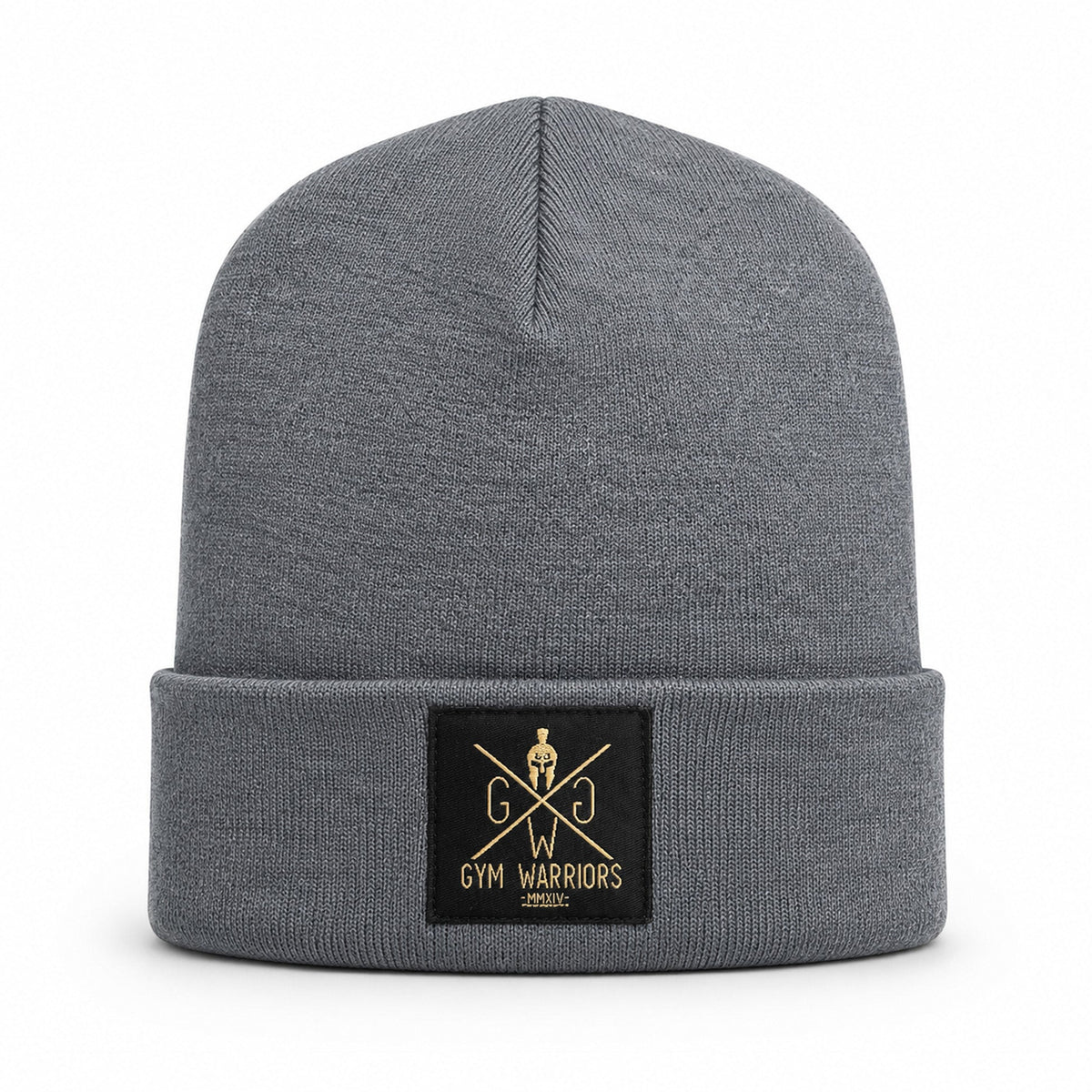 Graue Gym Beanie mit breitem Umschlag und schwarzem Logo-Patch, Frontansicht