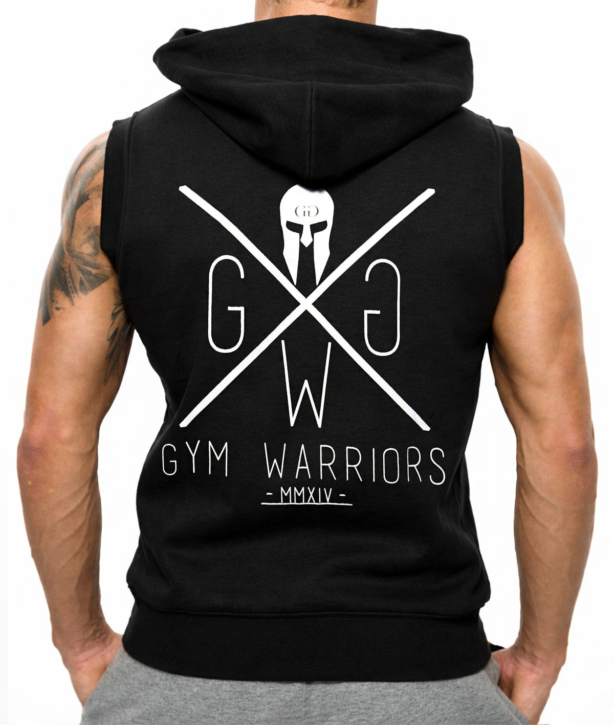 Rückenansicht des ärmellosen Hoodies mit großem Gym Warriors Print