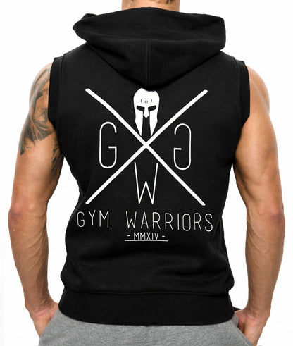 Rückenansicht des ärmellosen Hoodies mit großem Gym Warriors Print