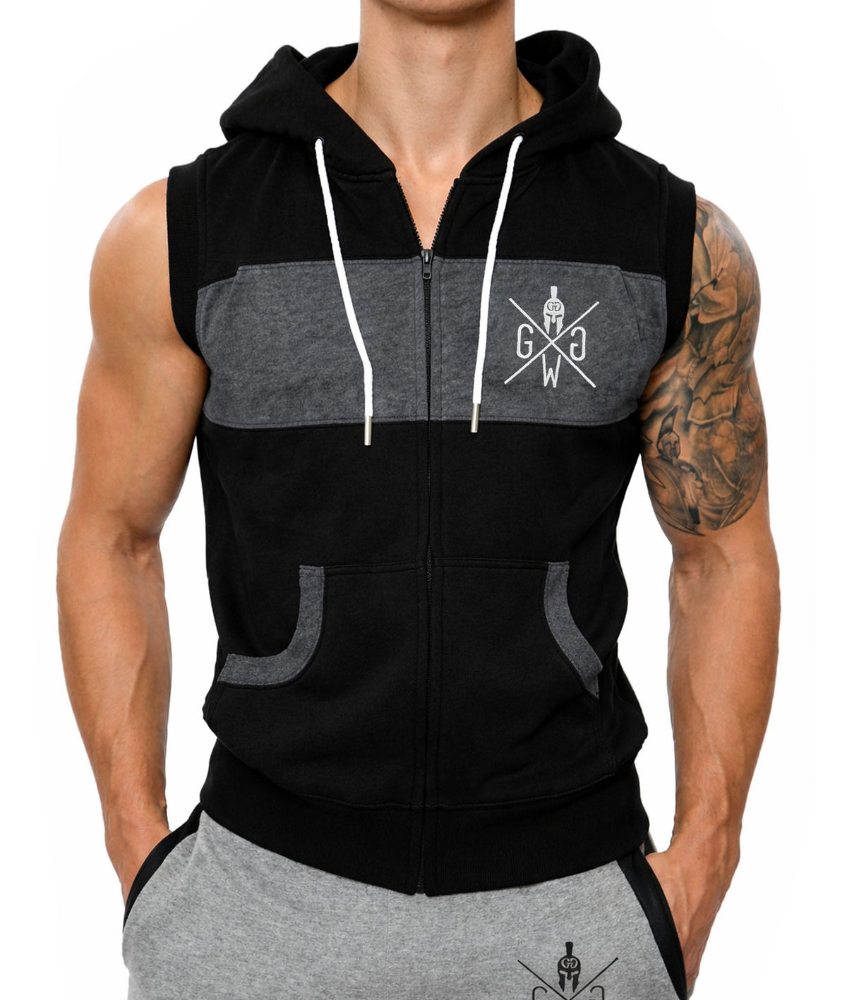 Ärmelloser Gym Hoodie in Schwarz mit Reißverschluss und Brustpanel