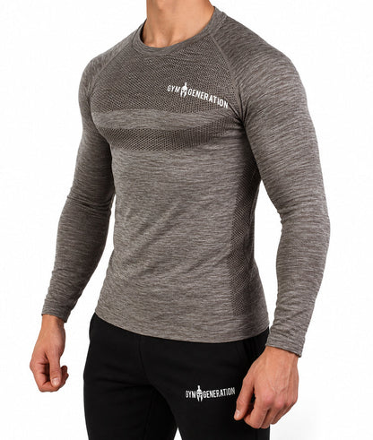 Graubraunes Sportshirt im Profil, eng am Körper mit strukturierter Flanke
