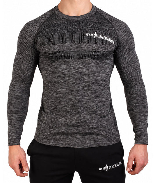 Dunkles Langarmshirt für Herren von vorne, luftige Strickzone über der Brust