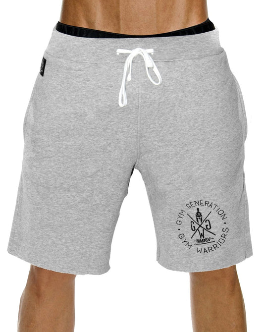 Graue Fitness Shorts Legacy mit schwarzem Original-Logo, Vorderansicht