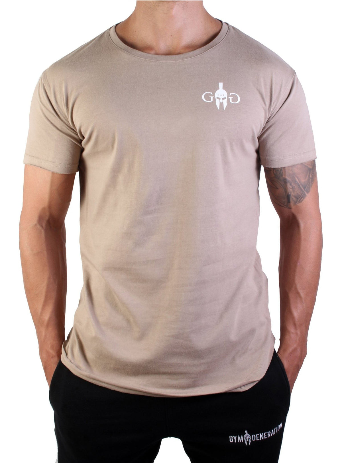 Beiges Gym T-Shirt Alexander the Great mit kleinem Brustlogo, Vorderansicht