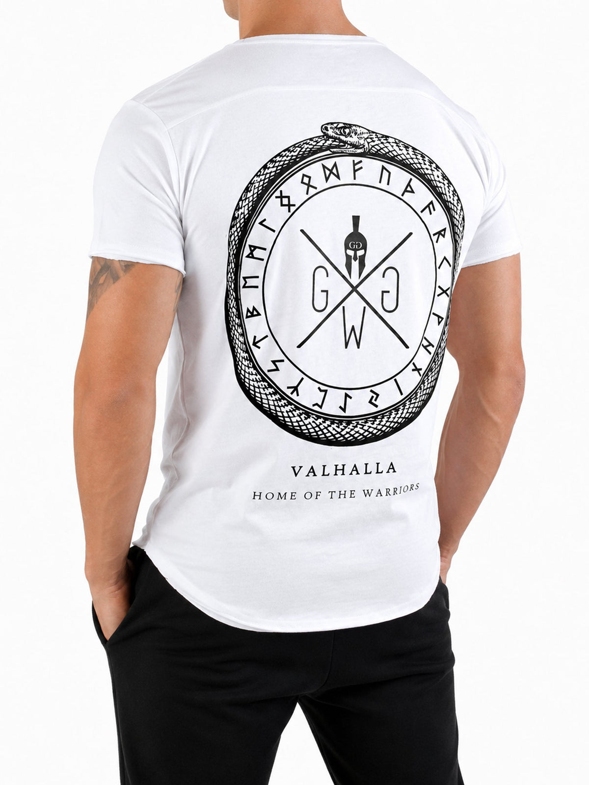 Weißes Fitness Shirt mit Rückenprint in seitlicher Ansicht