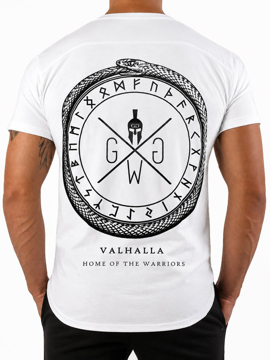 Weißes Valhalla T-Shirt für Herren mit großem schwarzem Ouroboros-Print auf dem Rücken
