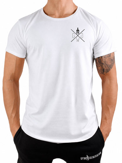Weißes Gym T-Shirt mit kleinem schwarzem Brustlogo, Frontansicht