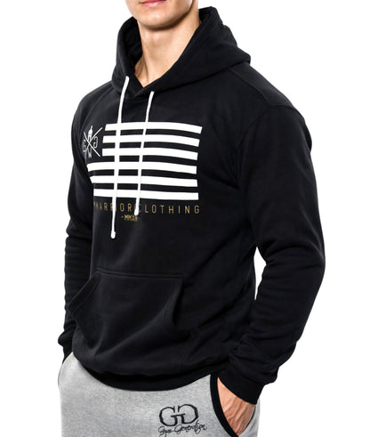 Hoodie seitlich fotografiert, Kängurutasche und gerippter Ärmelabschluss