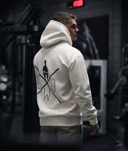 Rückenansicht des hellen Hoodies beim Training