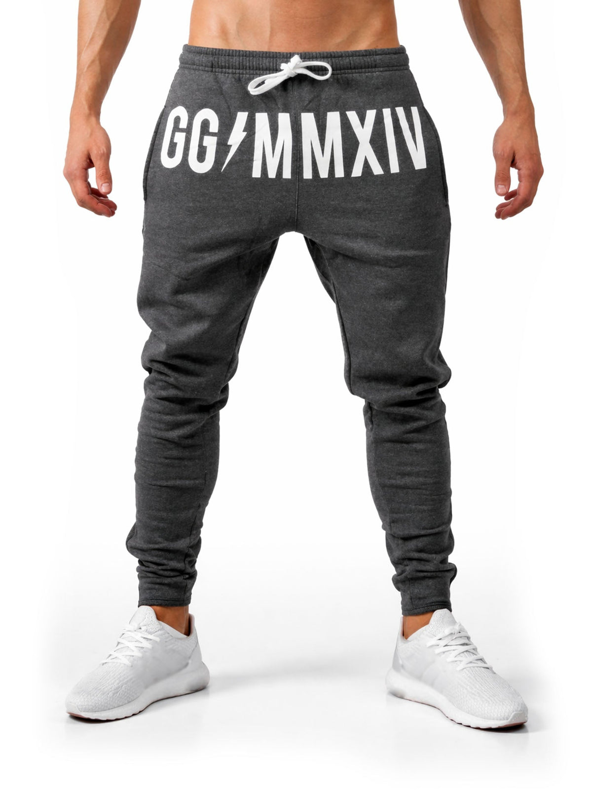 Dunkelgraue Jogginghose für Herren mit weißem GG MMXIV Print, Vorderansicht