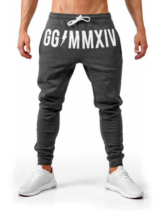 Dunkelgraue Jogginghose für Herren mit weißem GG MMXIV Print, Vorderansicht