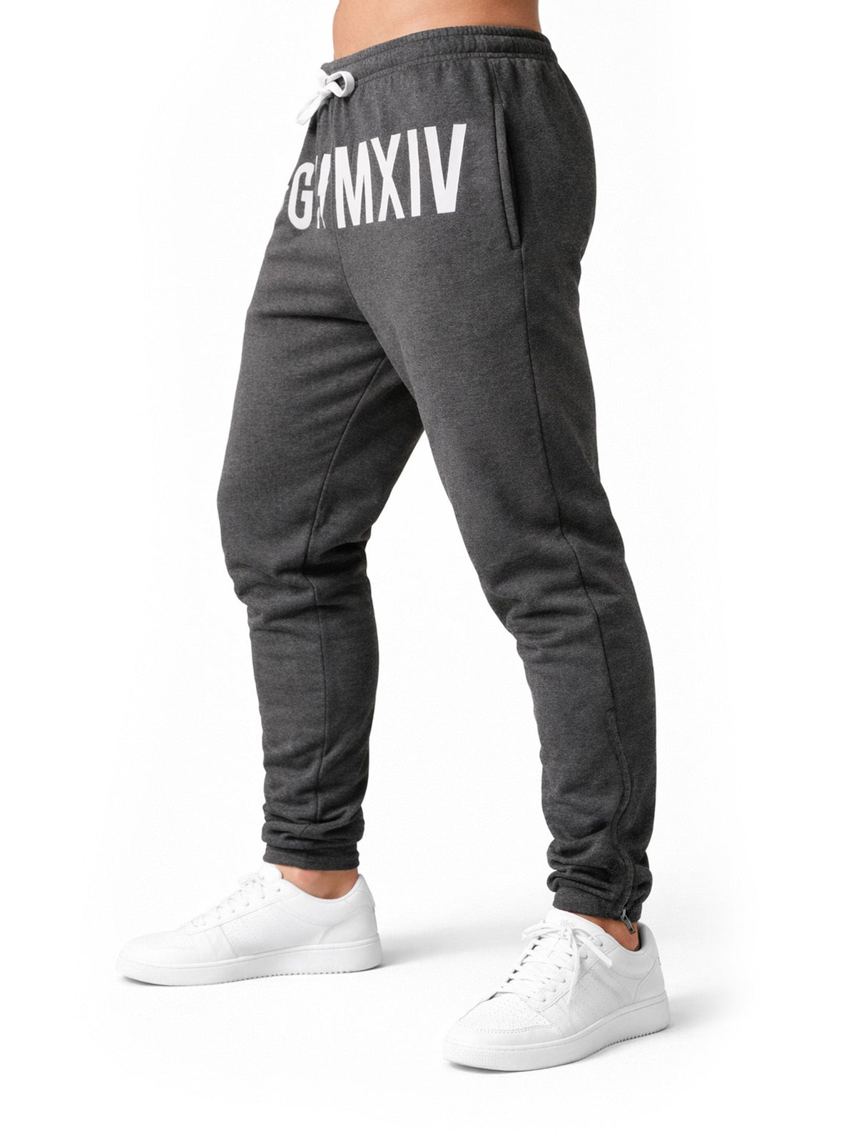 Seitliche Studioansicht der dunkelgrauen Sporthose mit Kordelzug