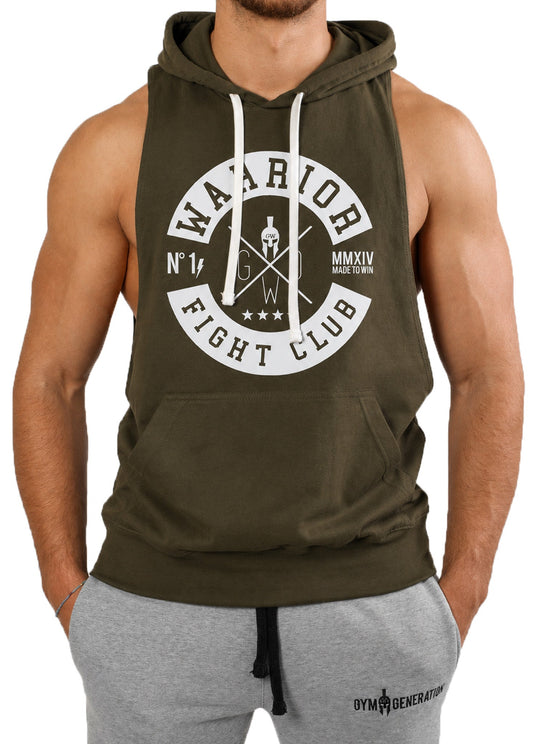 Olivgrünes Kapuzen Tank Top für Herren mit weißem Fight Club Print, Vorderansicht