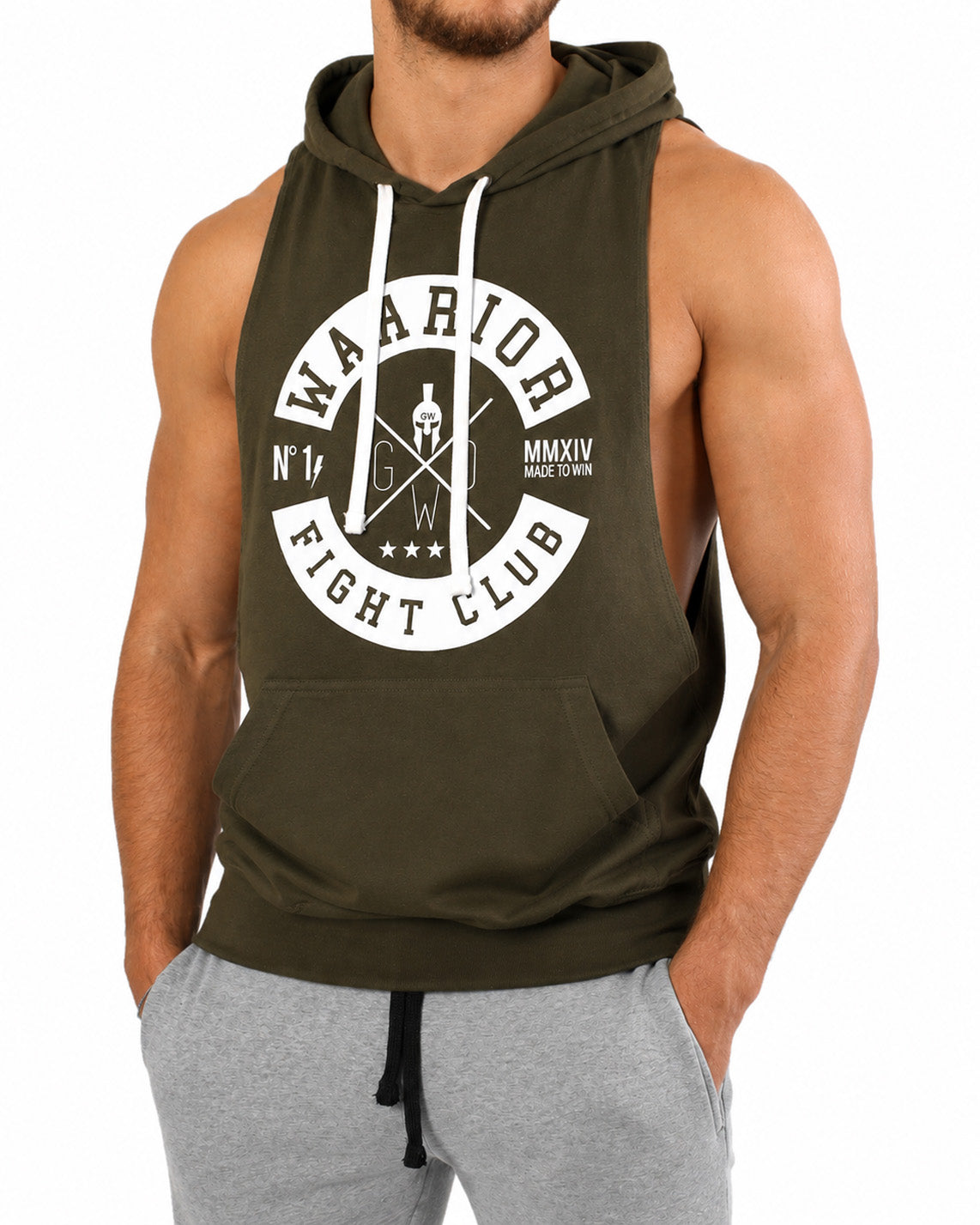 Ärmelloser Hoodie in Olive am Model, seitliche Ansicht