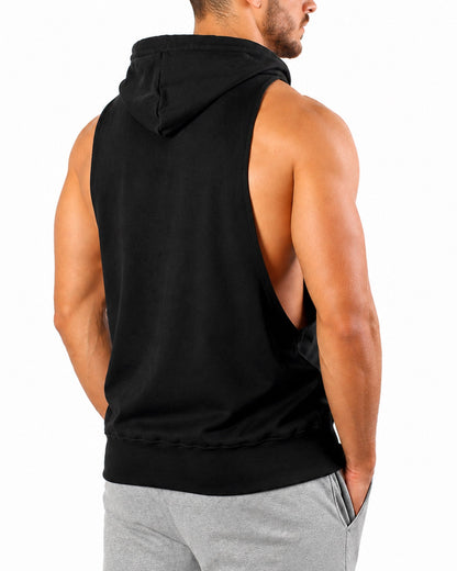 Schwarzes Tank Top mit Kapuze in schräger Rückenansicht