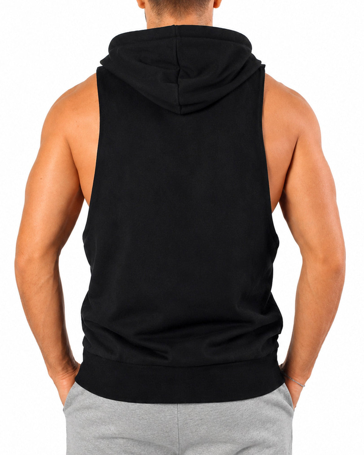 Rückansicht des schwarzen ärmellosen Hoodies ohne Print