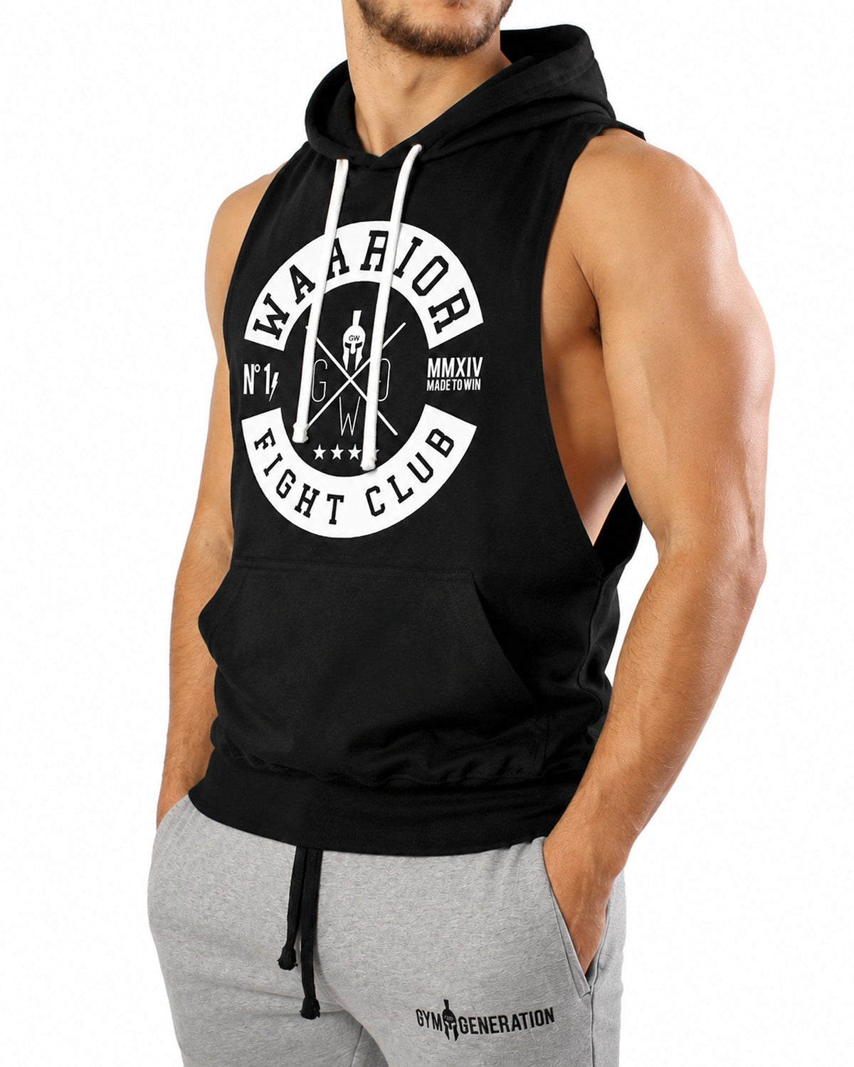 Ärmelloser Hoodie in Schwarz mit Frontprint, schräge Vorderansicht